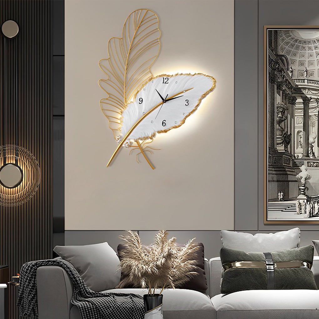 Silent Resin Feather Wall Clock with LED Lights - Artistic Wall Decor