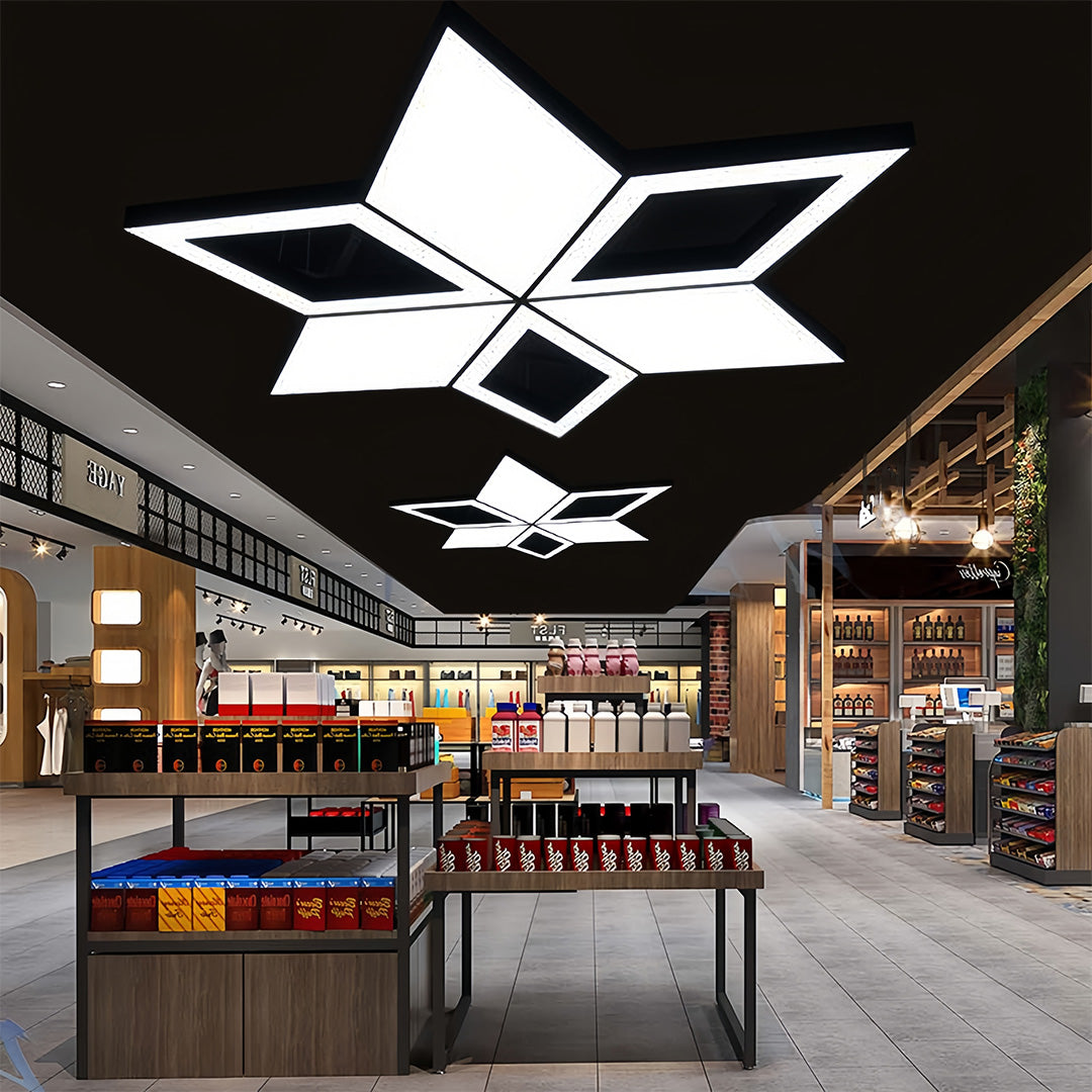 Multi-Diamond Geometric Chandelier — Black Iron, Adjustable Chain, White Acrylic Shade