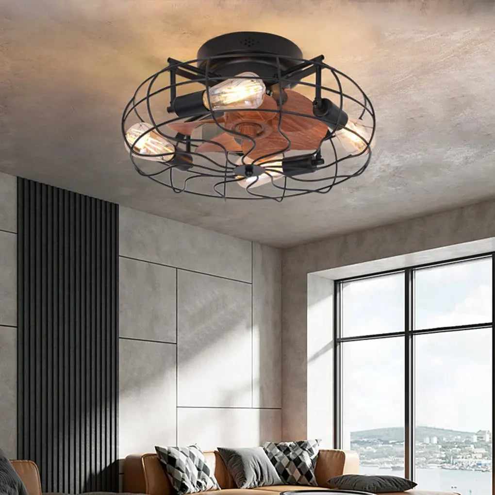 Industrial Retro Cage Ceiling Fan Lamp with Remote Control and Three-Speed Timing Regulation Luxe