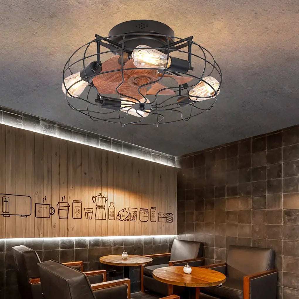 Industrial Retro Cage Ceiling Fan Lamp with Remote Control and Three-Speed Timing Regulation Luxe