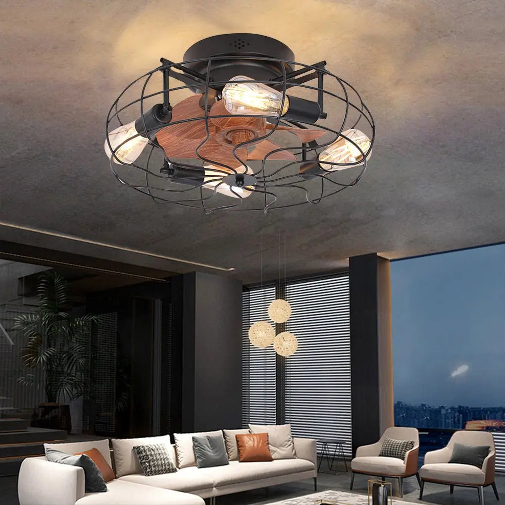 Industrial Retro Cage Ceiling Fan Lamp with Remote Control and Three-Speed Timing Regulation Luxe