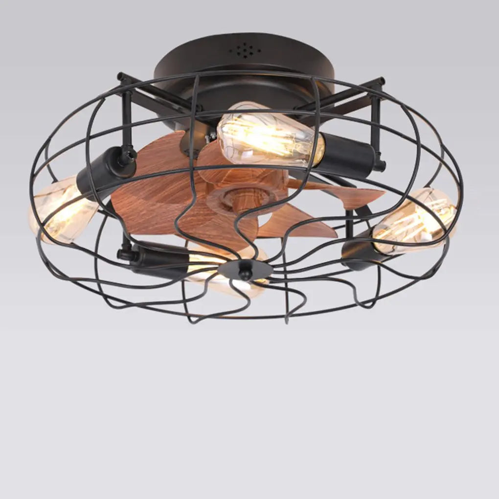 Industrial Retro Cage Ceiling Fan Lamp with Remote Control and Three-Speed Timing Regulation Luxe