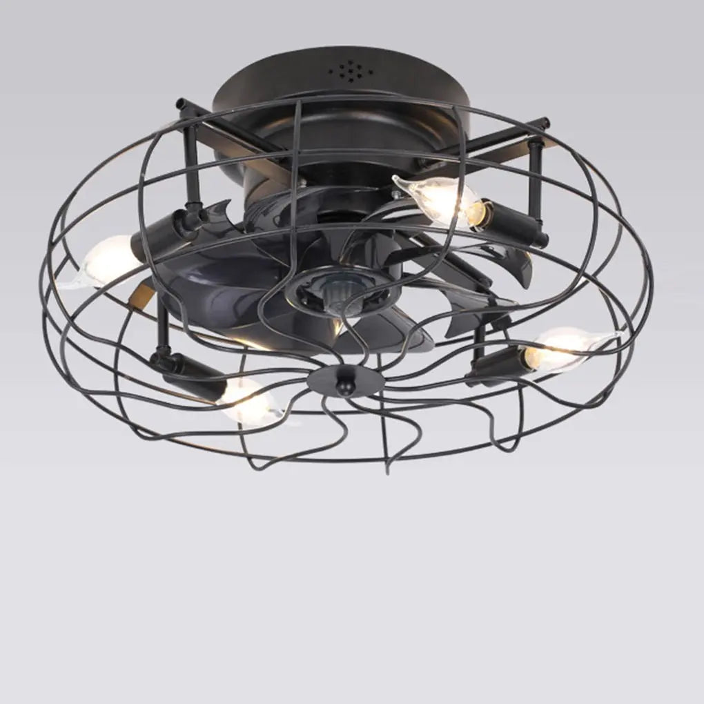 Industrial Retro Cage Ceiling Fan Lamp with Remote Control and Three-Speed Timing Regulation Luxe