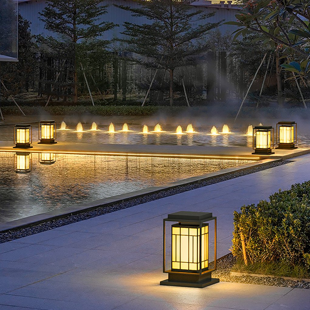 Vintage Asian Lattice Solar / Hardwired Bollard Path Light — Stainless Steel & PC, Warm White LED, IP54
