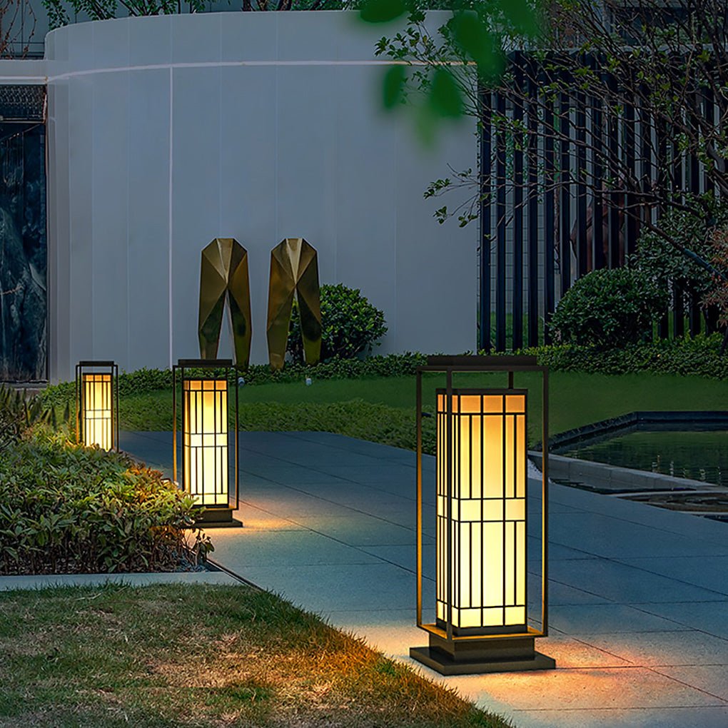 Vintage Asian Lattice Solar / Hardwired Bollard Path Light — Stainless Steel & PC, Warm White LED, IP54