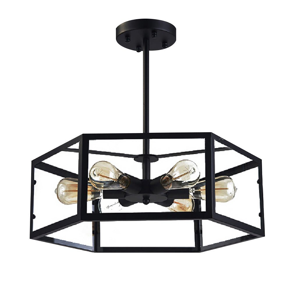 Retro Hexagonal Glass Pendant — Black Wrought Iron, LED, 18.89" Industrial