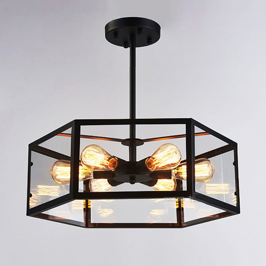Retro Hexagonal Glass Pendant — Black Wrought Iron, LED, 18.89" Industrial