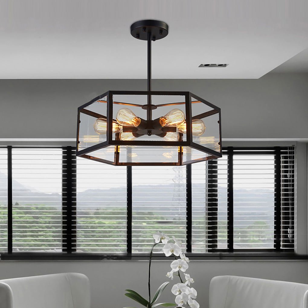 Retro Hexagonal Glass Pendant — Black Wrought Iron, LED, 18.89" Industrial