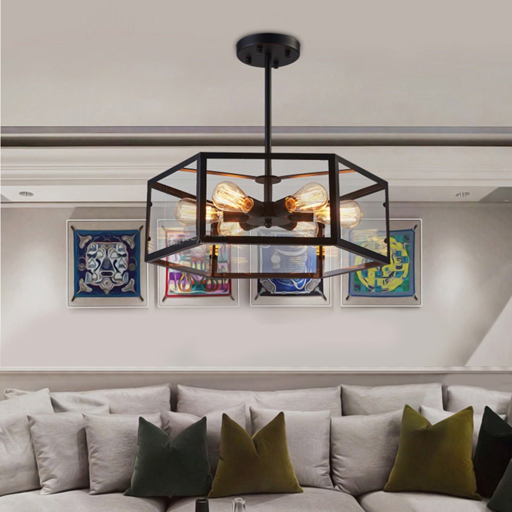 Retro Hexagonal Glass Pendant — Black Wrought Iron, LED, 18.89" Industrial