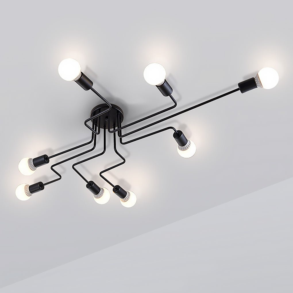 Industrial Retro 8-Light Semi-Flush Ceiling Lamp — Black Iron, Spherical White Glass, Three-Color, E27, 49" x 28"