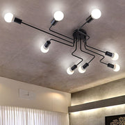 Industrial Retro 8-Light Semi-Flush Ceiling Lamp — Black Iron, Spherical White Glass, Three-Color, E27, 49" x 28"