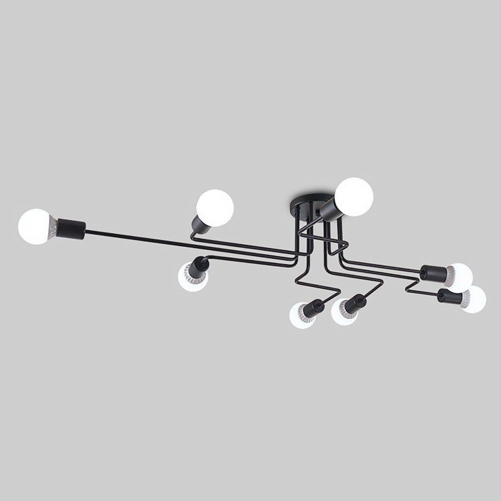 Industrial Retro 8-Light Semi-Flush Ceiling Lamp — Black Iron, Spherical White Glass, Three-Color, E27, 49" x 28"