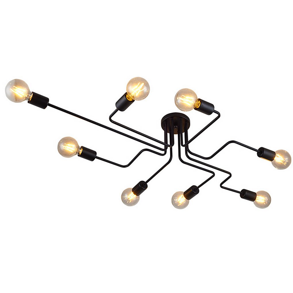 Industrial Retro 8-Light Semi-Flush Ceiling Lamp — Black Iron, Spherical White Glass, Three-Color, E27, 49" x 28"