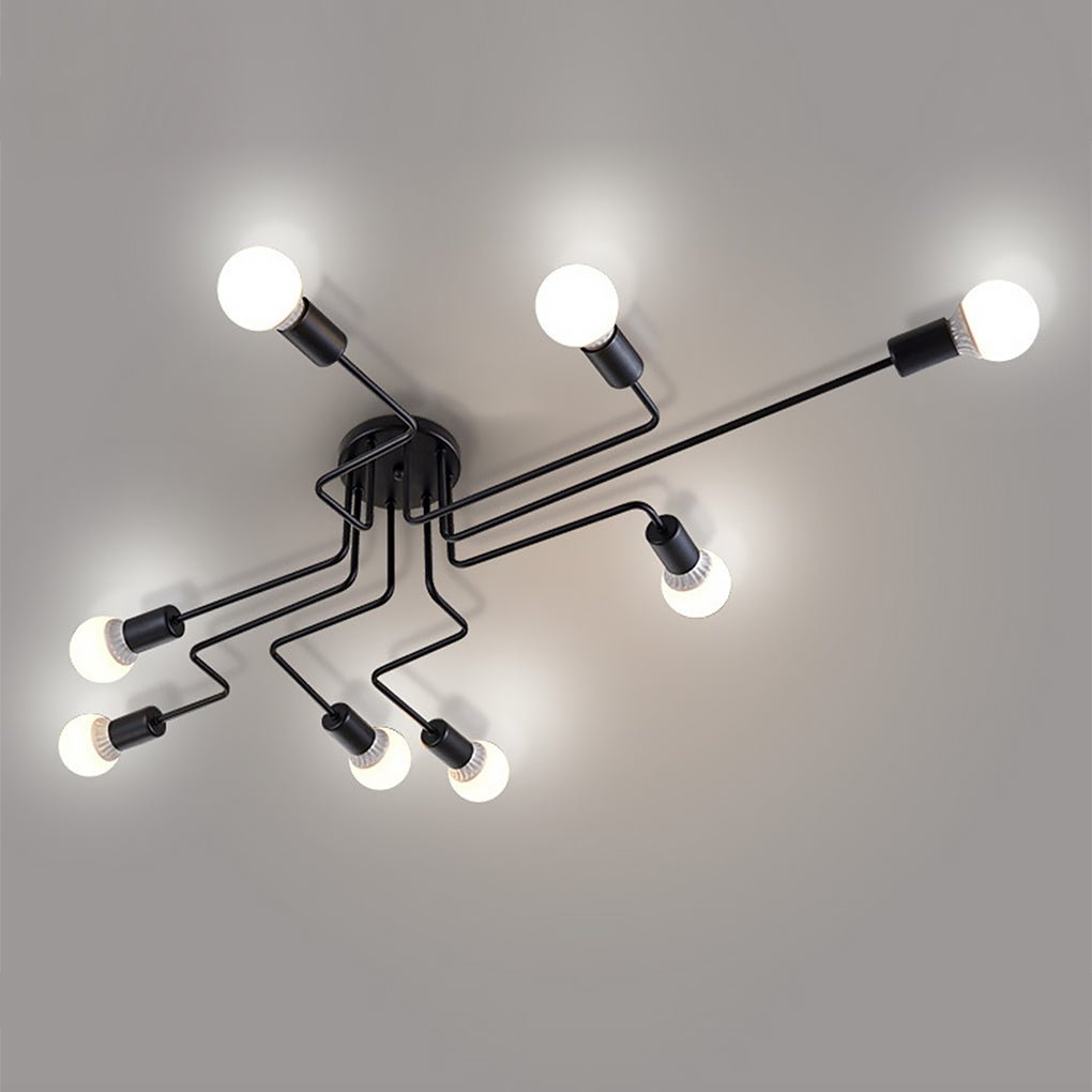 Industrial Retro 8-Light Semi-Flush Ceiling Lamp — Black Iron, Spherical White Glass, Three-Color, E27, 49" x 28"