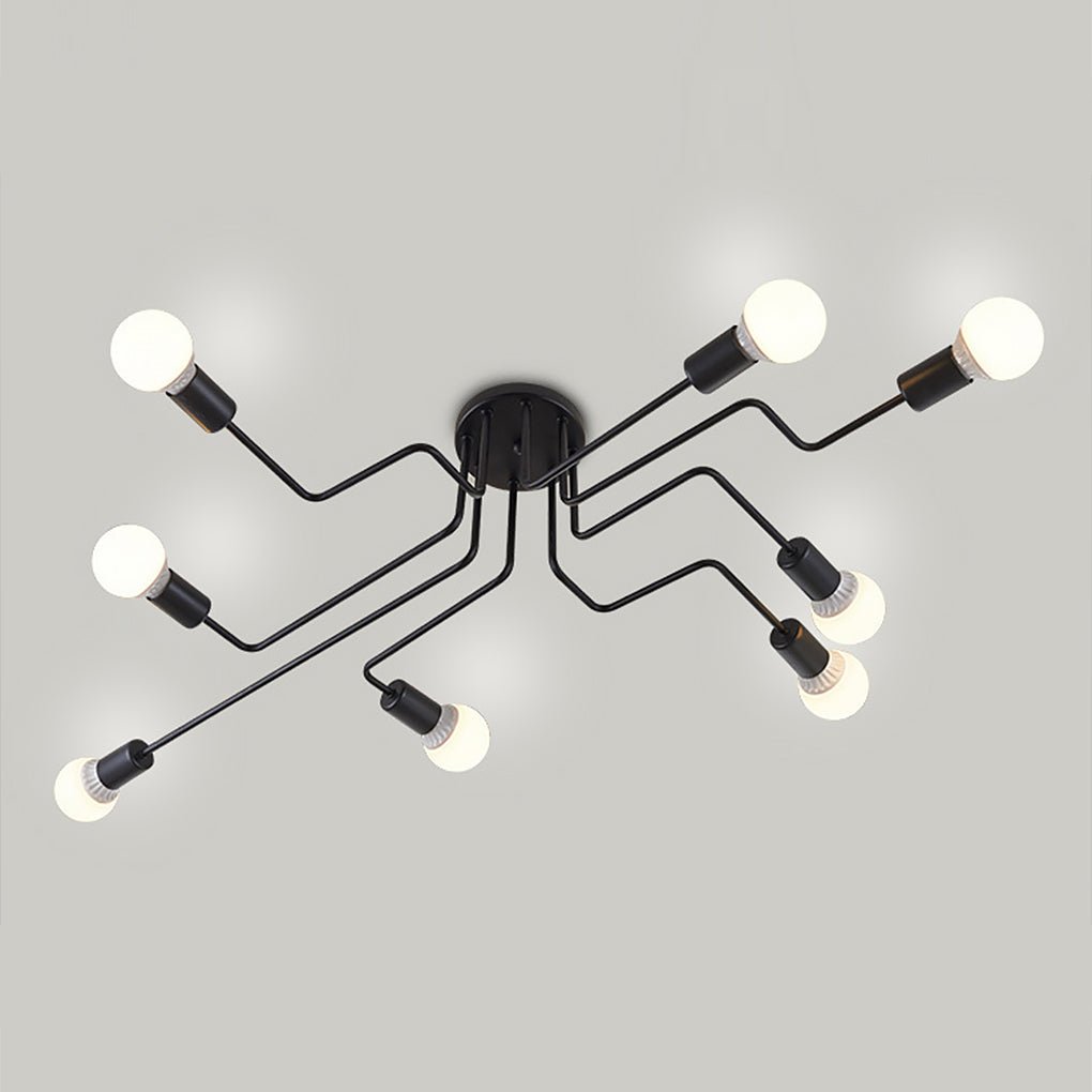 Industrial Retro 8-Light Semi-Flush Ceiling Lamp — Black Iron, Spherical White Glass, Three-Color, E27, 49" x 28"