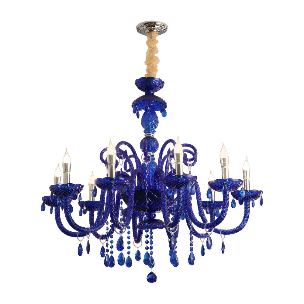 Memphis-Style Blue Crystal Chandelier — Glass Candles, 3-Step LED Dimming, 6-Light or 10-Light