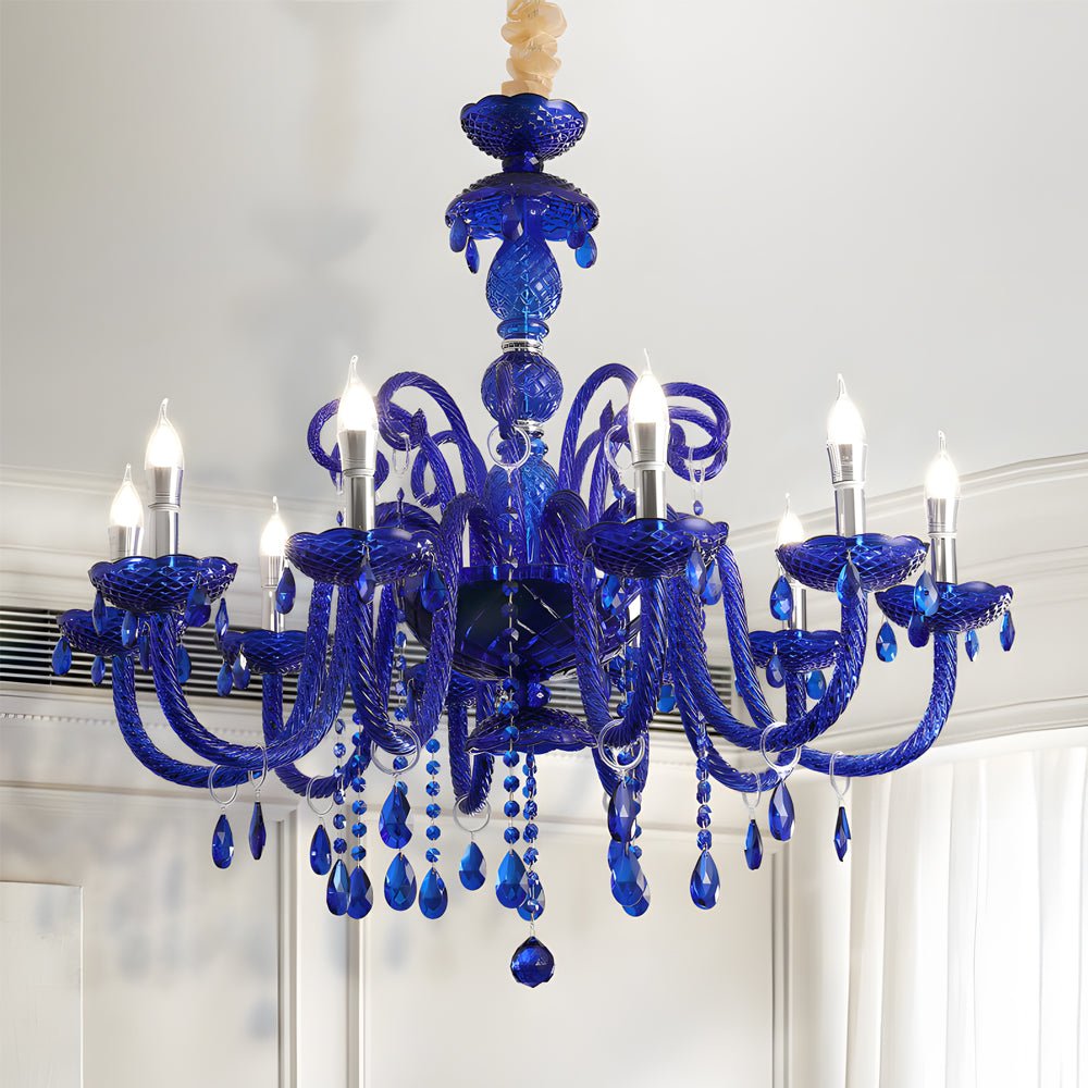 Memphis-Style Blue Crystal Chandelier — Glass Candles, 3-Step LED Dimming, 6-Light or 10-Light