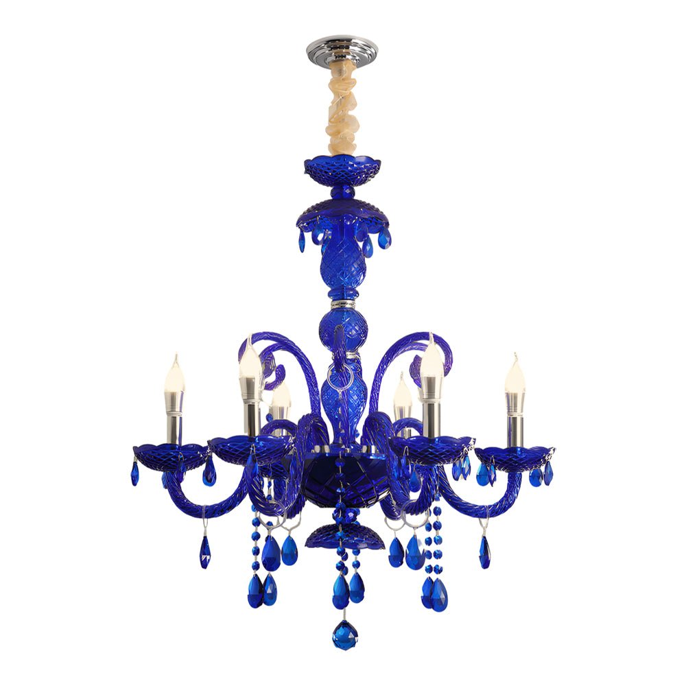 Memphis-Style Blue Crystal Chandelier — Glass Candles, 3-Step LED Dimming, 6-Light or 10-Light