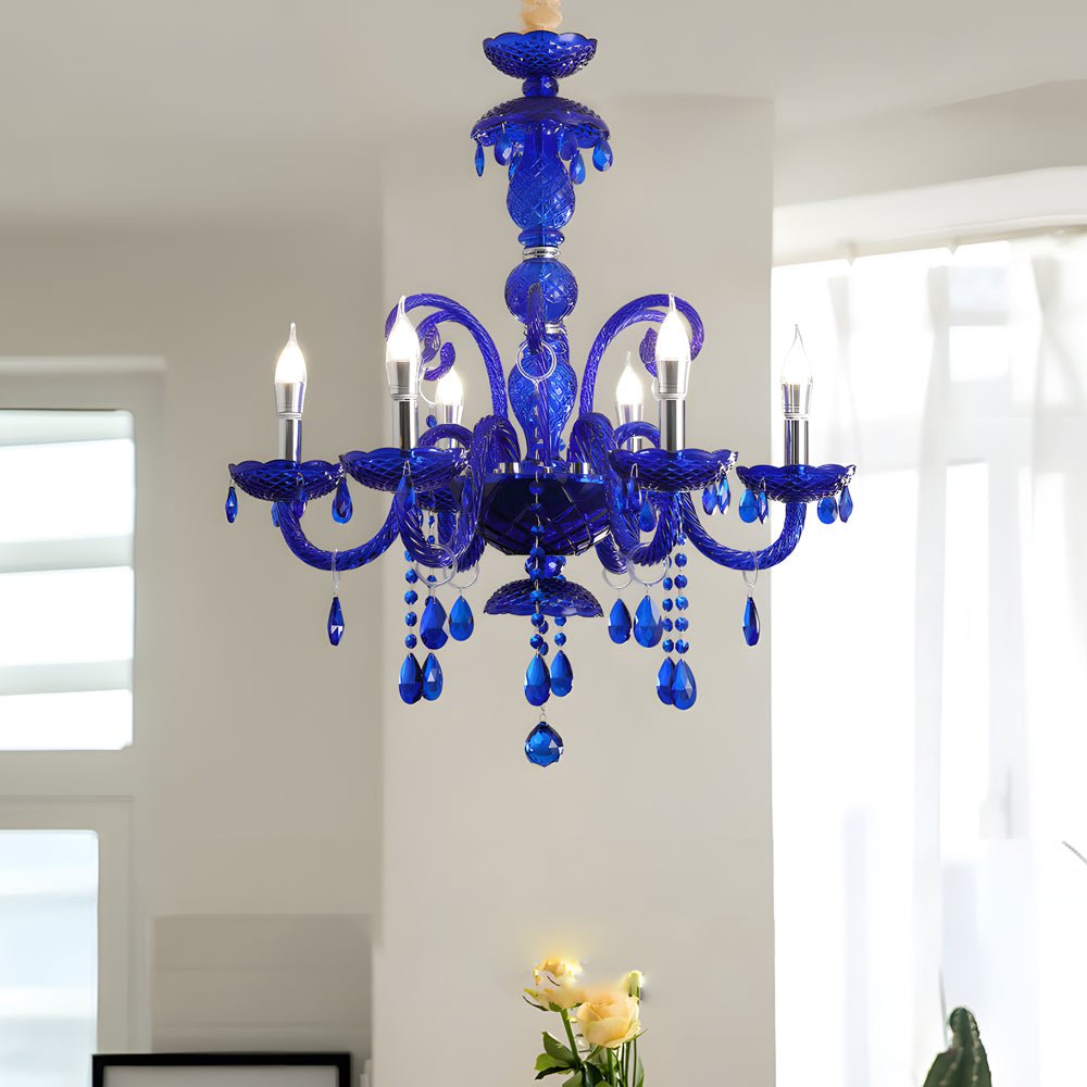 Memphis-Style Blue Crystal Chandelier — Glass Candles, 3-Step LED Dimming, 6-Light or 10-Light