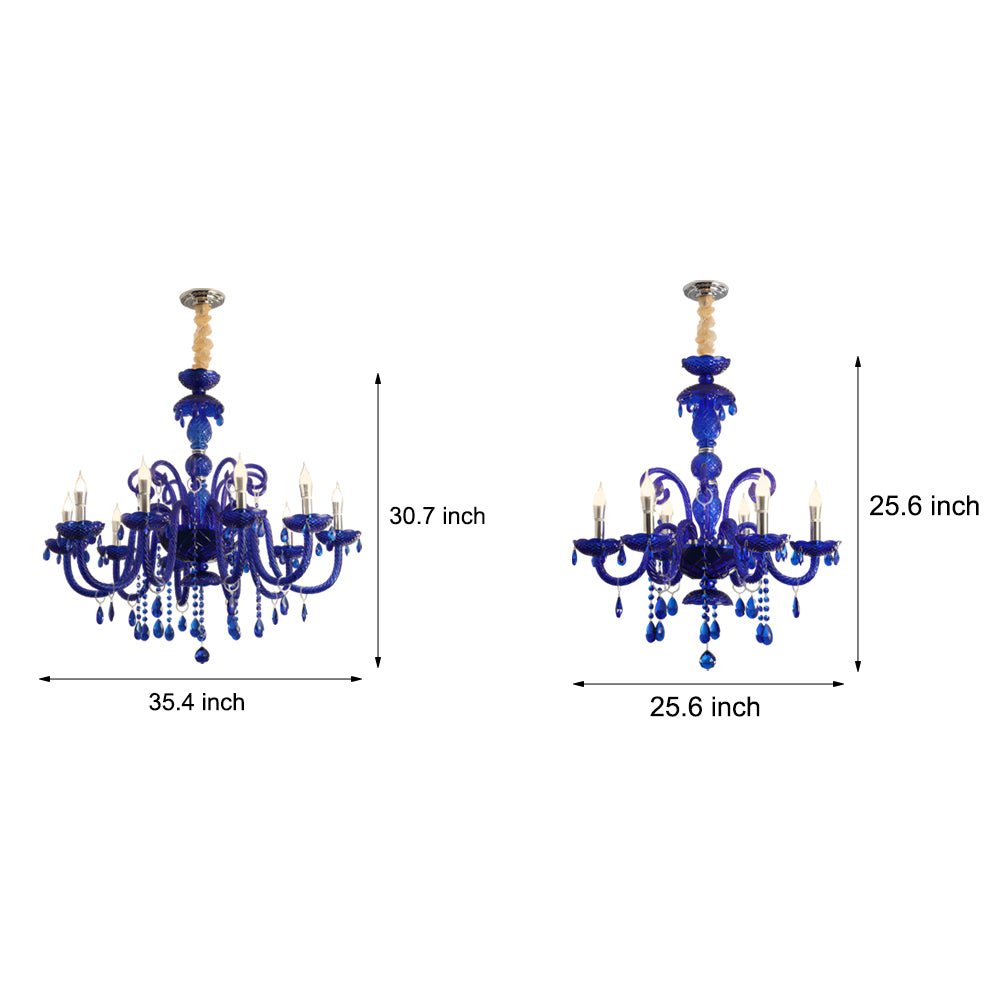 Memphis-Style Blue Crystal Chandelier — Glass Candles, 3-Step LED Dimming, 6-Light or 10-Light