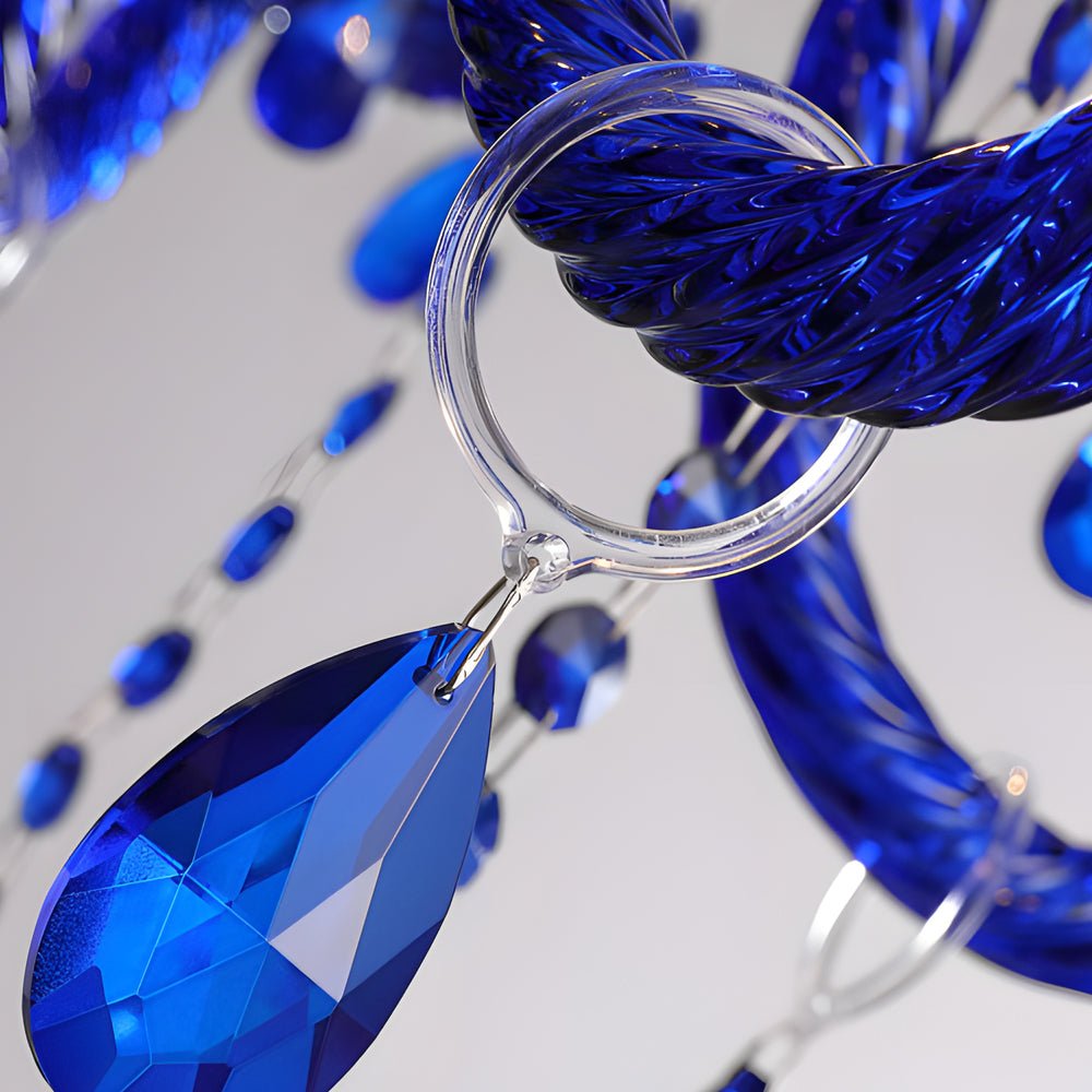 Memphis-Style Blue Crystal Chandelier — Glass Candles, 3-Step LED Dimming, 6-Light or 10-Light