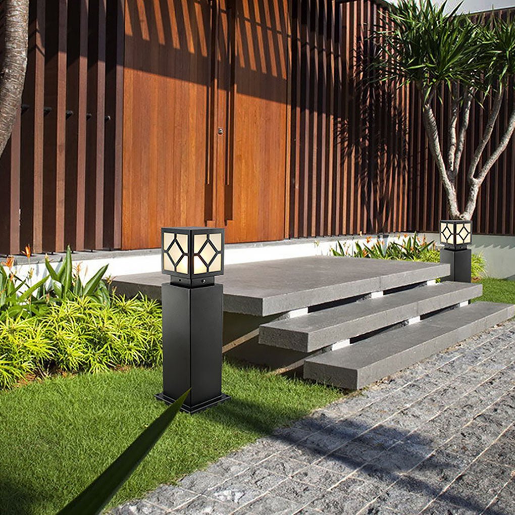 Square Solar Bollard Light — Frosted Glass, Black, LED, IP65 Weatherproof, 9"–24" Heights