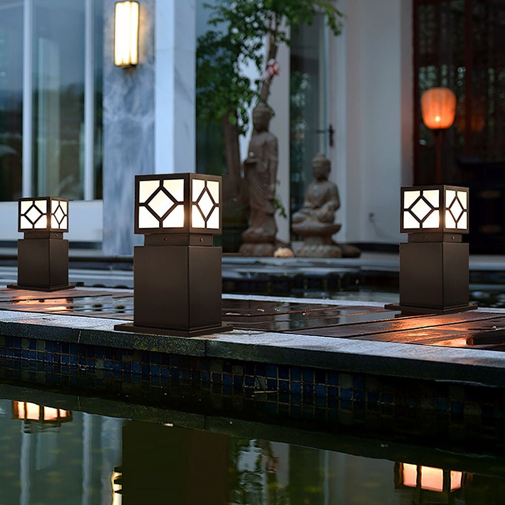 Square Solar Bollard Light — Frosted Glass, Black, LED, IP65 Weatherproof, 9"–24" Heights