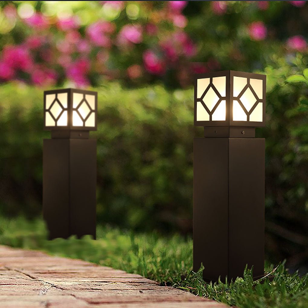 Square Solar Bollard Light — Frosted Glass, Black, LED, IP65 Weatherproof, 9"–24" Heights