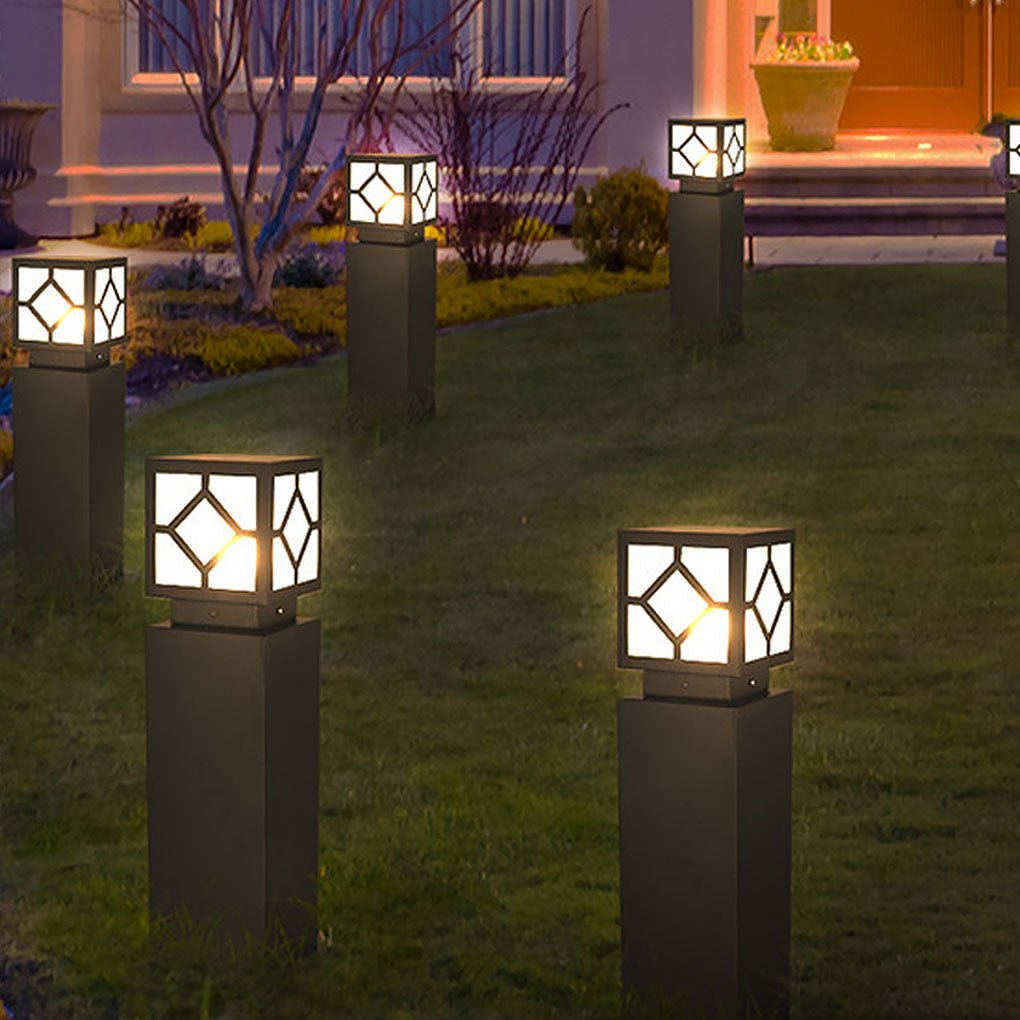Square Solar Bollard Light — Frosted Glass, Black, LED, IP65 Weatherproof, 9"–24" Heights