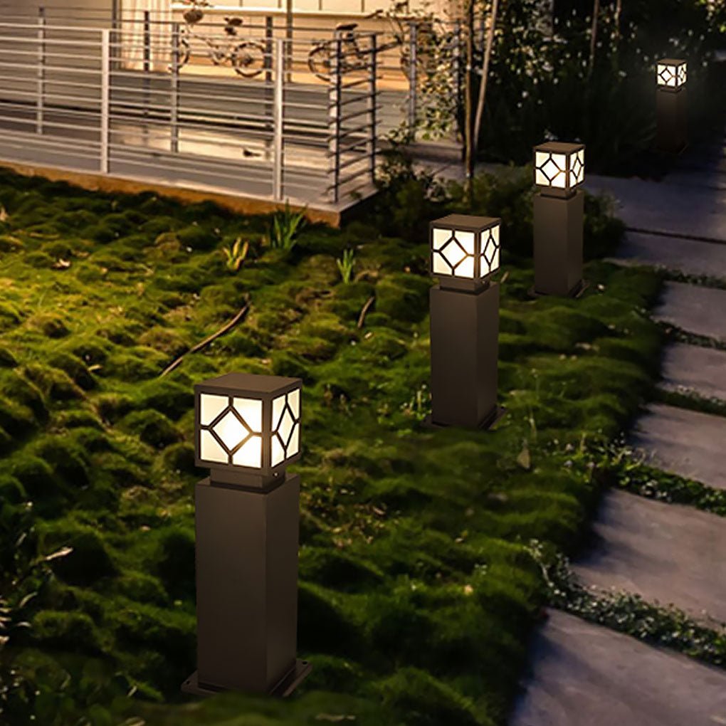 Square Solar Bollard Light — Frosted Glass, Black, LED, IP65 Weatherproof, 9"–24" Heights