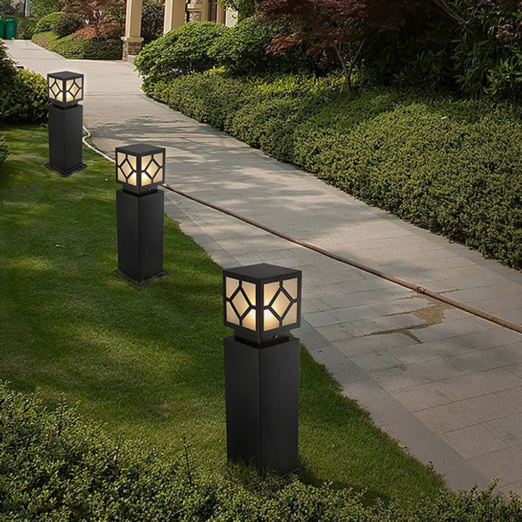 Square Solar Bollard Light — Frosted Glass, Black, LED, IP65 Weatherproof, 9"–24" Heights