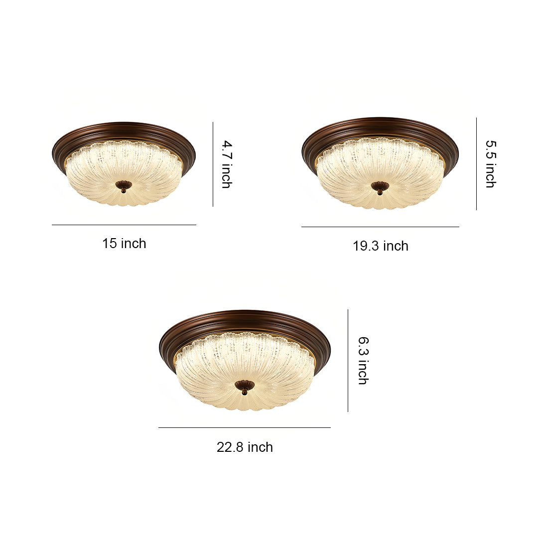 Pumpkin Dome Flush-Mount Ceiling Light — Walnut Iron Frame, Prismatic Glass, 3-Step Dimming, LED, 15"–23" Sizes