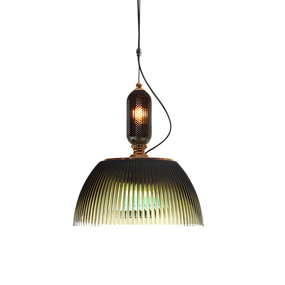 Retro Gradient Dark Green Striped Glass Pendant — E27 & G4, Up/Down Light, 11.8" Diameter