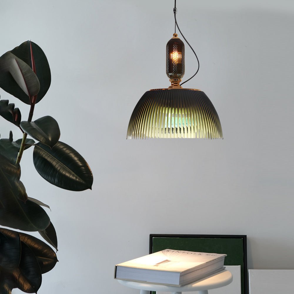 Retro Gradient Dark Green Striped Glass Pendant — E27 & G4, Up/Down Light, 11.8" Diameter