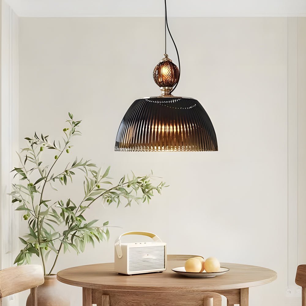 Retro Gradient Dark Green Striped Glass Pendant — E27 & G4, Up/Down Light, 11.8" Diameter
