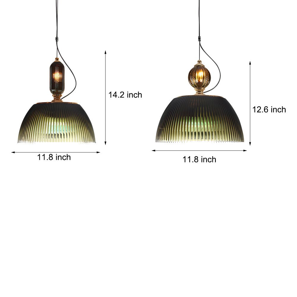 Retro Gradient Dark Green Striped Glass Pendant — E27 & G4, Up/Down Light, 11.8" Diameter