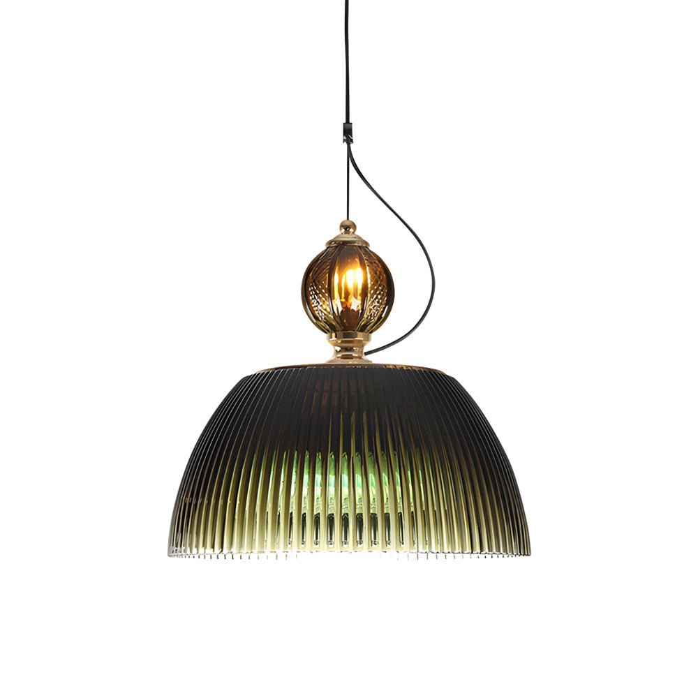 Retro Gradient Dark Green Striped Glass Pendant — E27 & G4, Up/Down Light, 11.8" Diameter