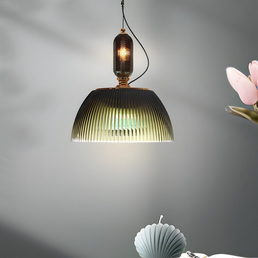 Retro Gradient Dark Green Striped Glass Pendant — E27 & G4, Up/Down Light, 11.8" Diameter