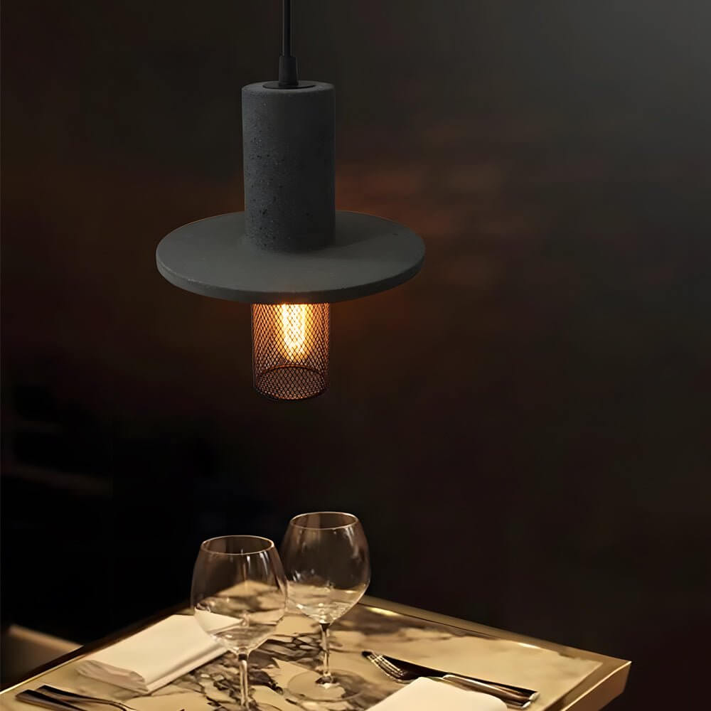 retro industrial led pendant light with nordic minimalist design in cement and mesh