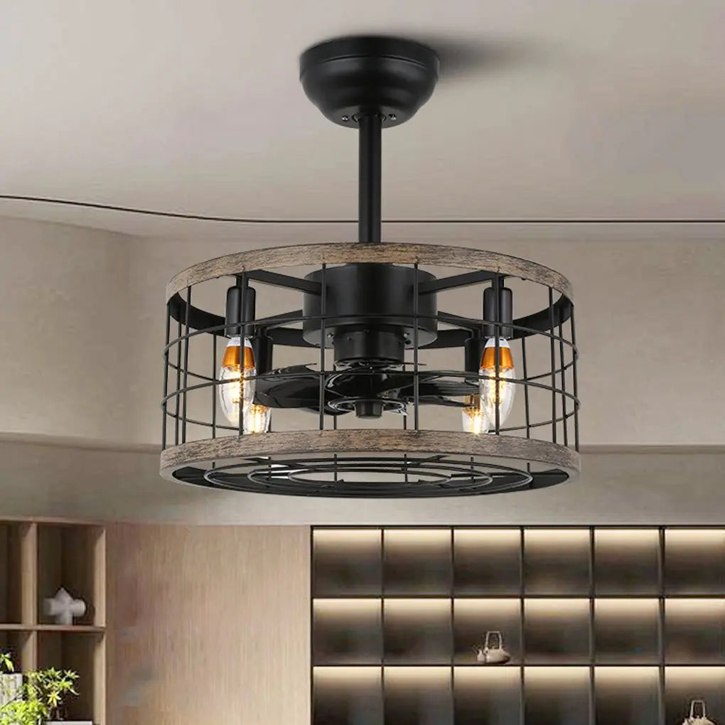 Retro Industrial Wrought Iron Cage Chandelier Fan - Noiseless Design Luxe