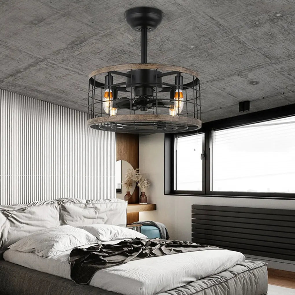 Retro Industrial Wrought Iron Cage Chandelier Fan - Noiseless Design Luxe