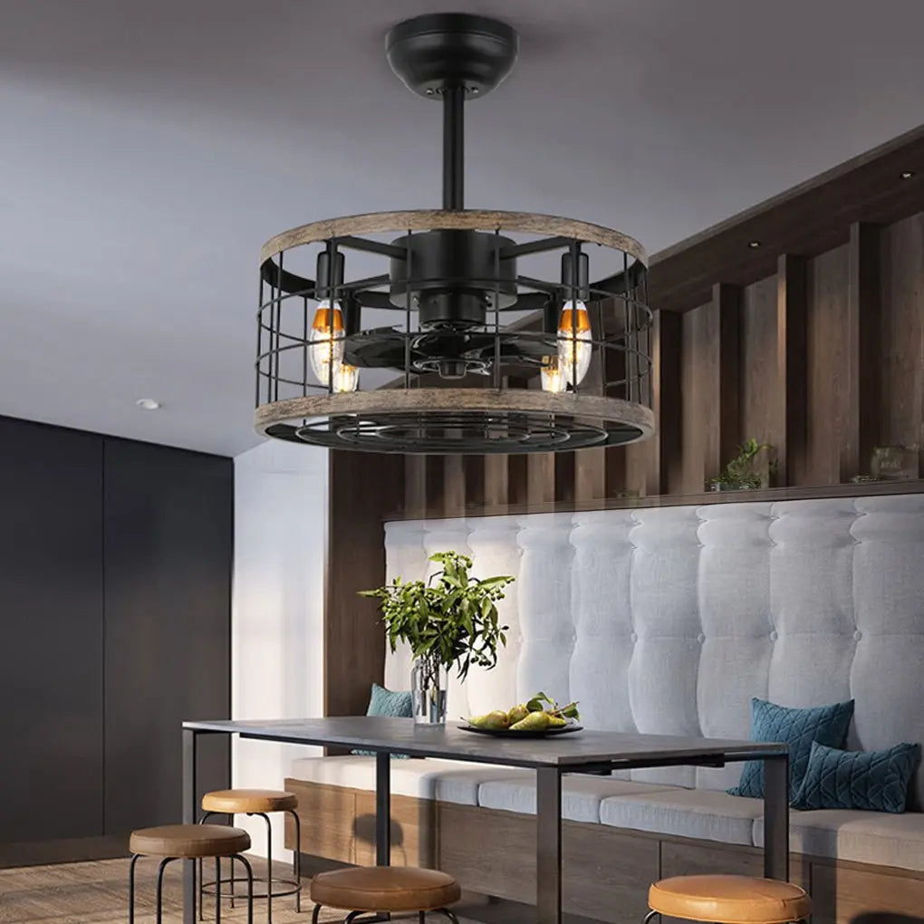 Retro Industrial Wrought Iron Cage Chandelier Fan - Noiseless Design Luxe