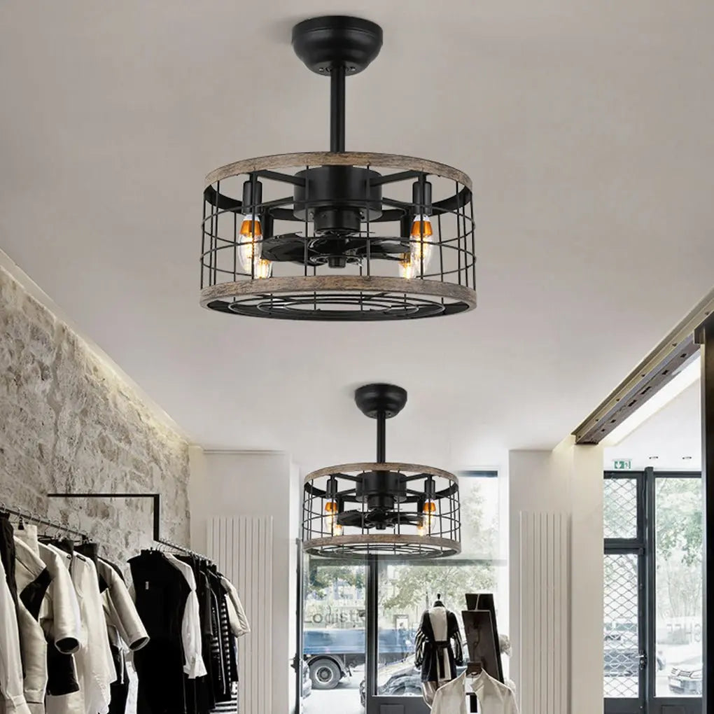Retro Industrial Wrought Iron Cage Chandelier Fan - Noiseless Design Luxe