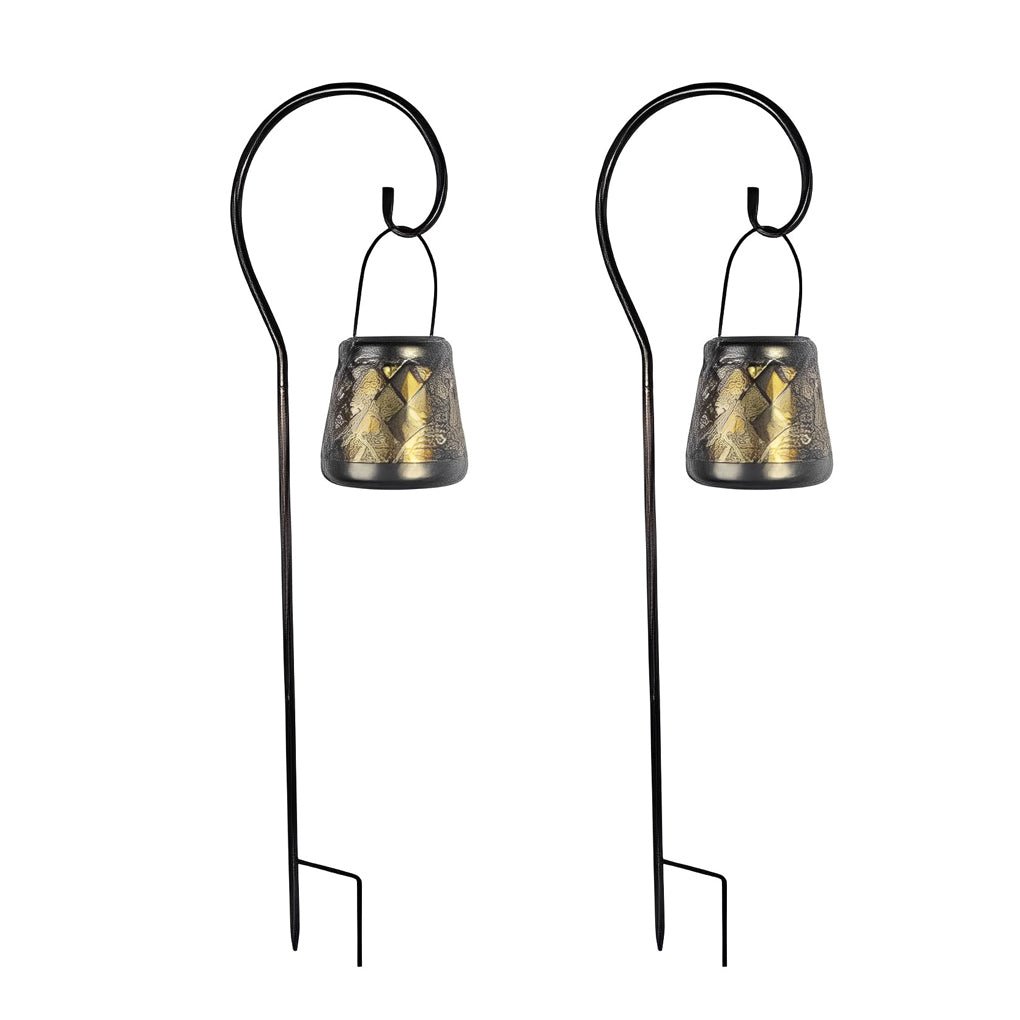 Retro Iron Mesh Solar Hanging Lanterns, 2-Pack — Black, LED, IP55 Weatherproof, 4.7" × 9.3"
