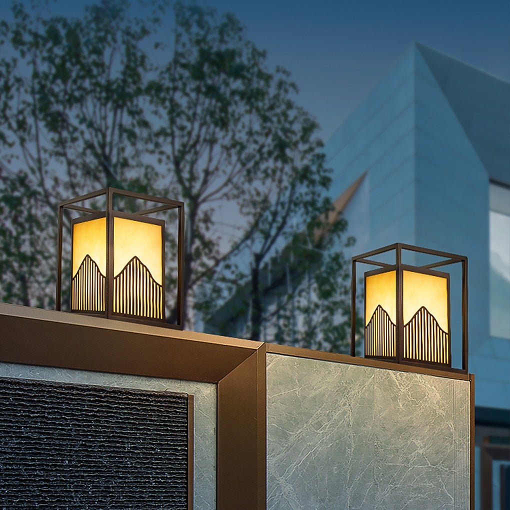 Stylish Square Outdoor Garden Light Featuring a Mountain Scene Shade