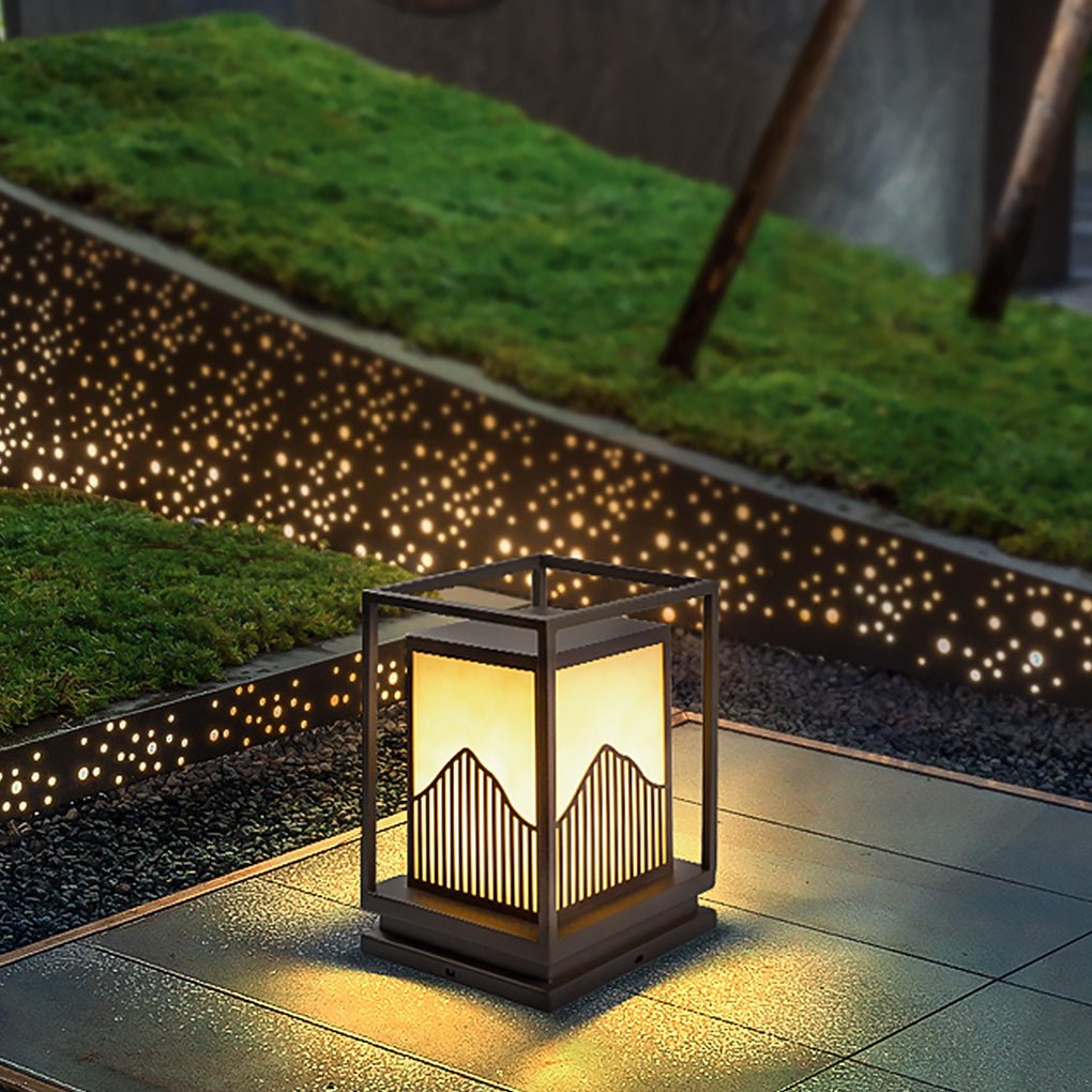 Stylish Square Outdoor Garden Light Featuring a Mountain Scene Shade