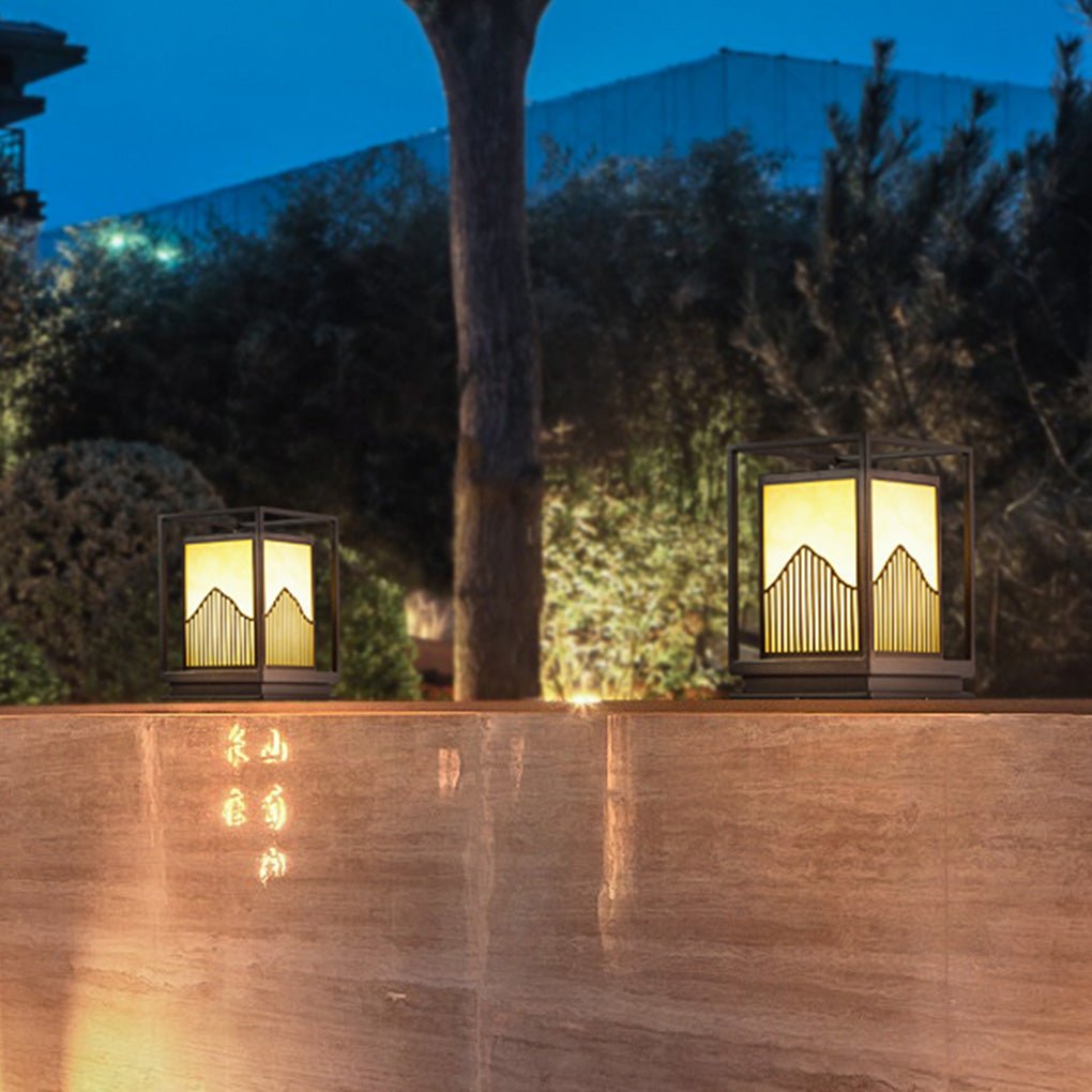 Stylish Square Outdoor Garden Light Featuring a Mountain Scene Shade