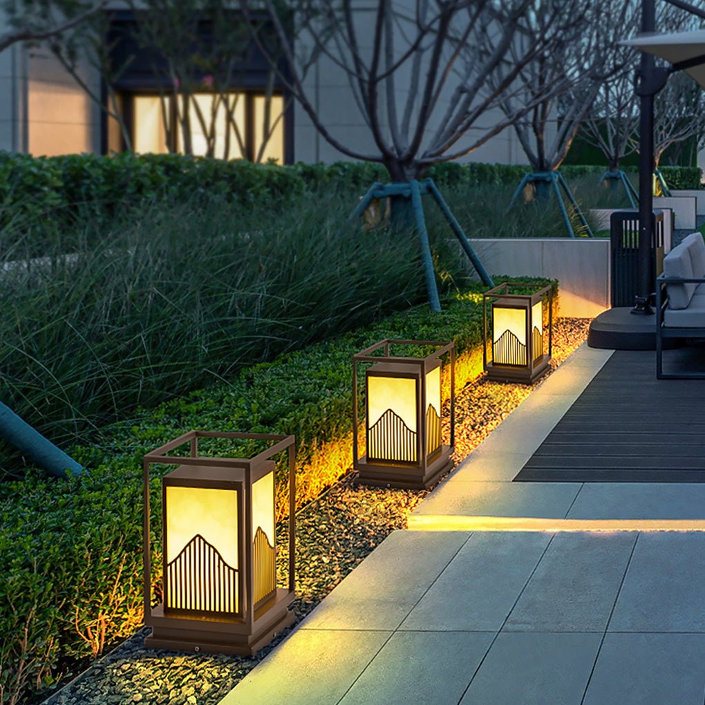 Stylish Square Outdoor Garden Light Featuring a Mountain Scene Shade