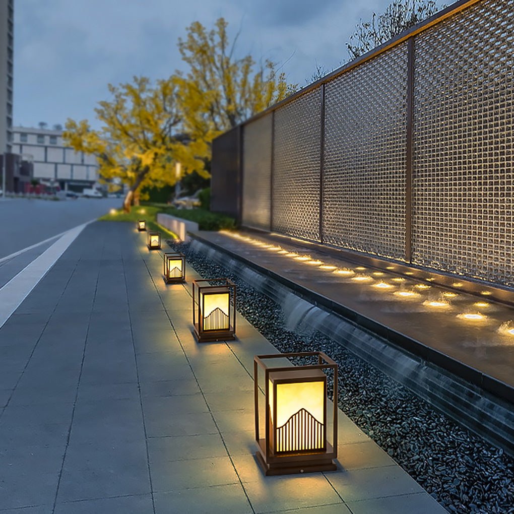 Stylish Square Outdoor Garden Light Featuring a Mountain Scene Shade