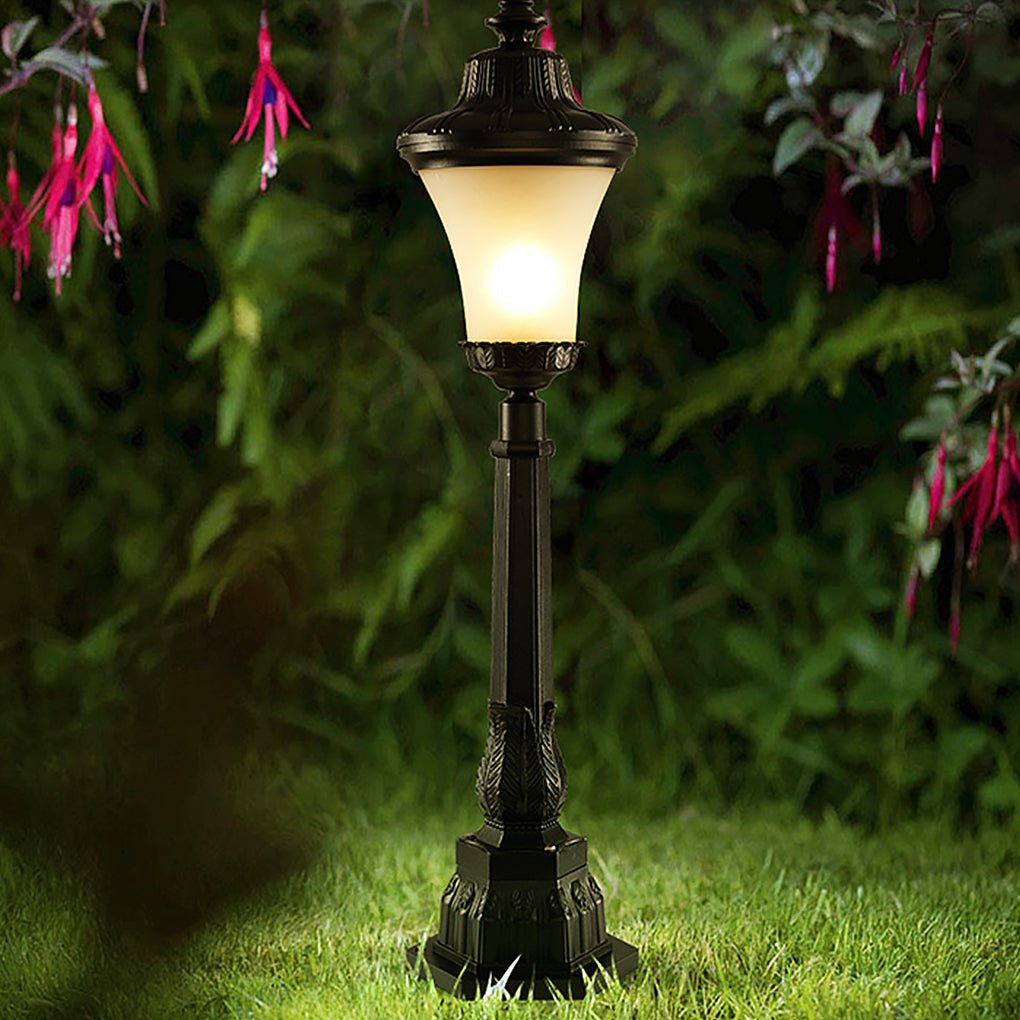 Vintage High-Pole Outdoor Post Light — Black Iron and Glass, 39" Tall, Warm White